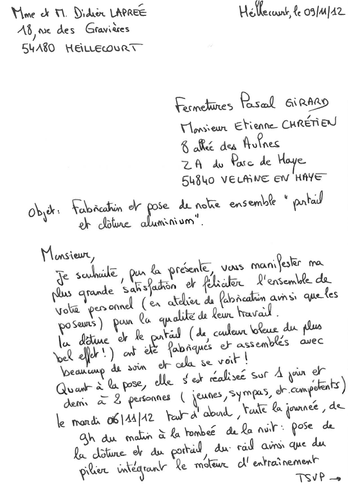 lettre satisfaction client recto